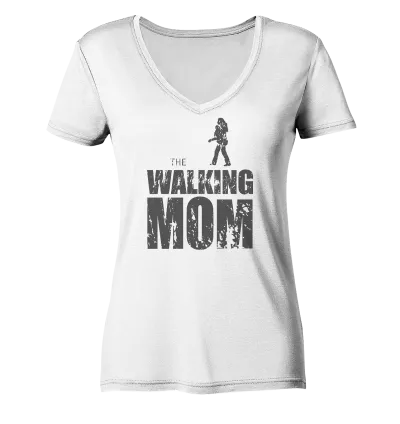 Ladies Organic V-Neck Shirt - The Walking Mom - Trage MOM1 - D - White S front dark